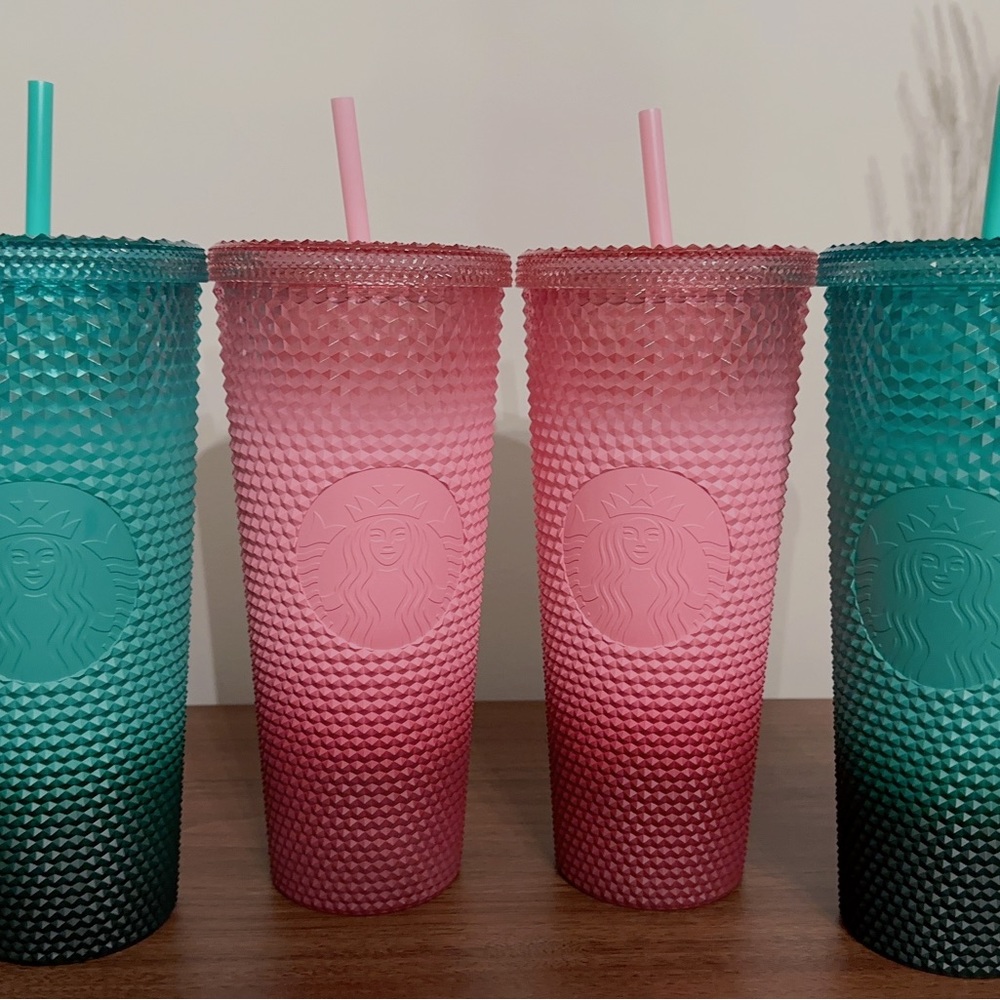 NEW 4 24oz Starbucks 2022 Holiday Mint Green & Pink Studded Venti Tumblers